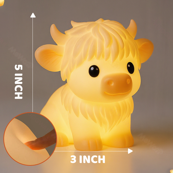 Huggwaii Hoogland Koe Silicone Squishy LED Nachtlamp - Perfect Cadeau voor Kinderen en Meisjes