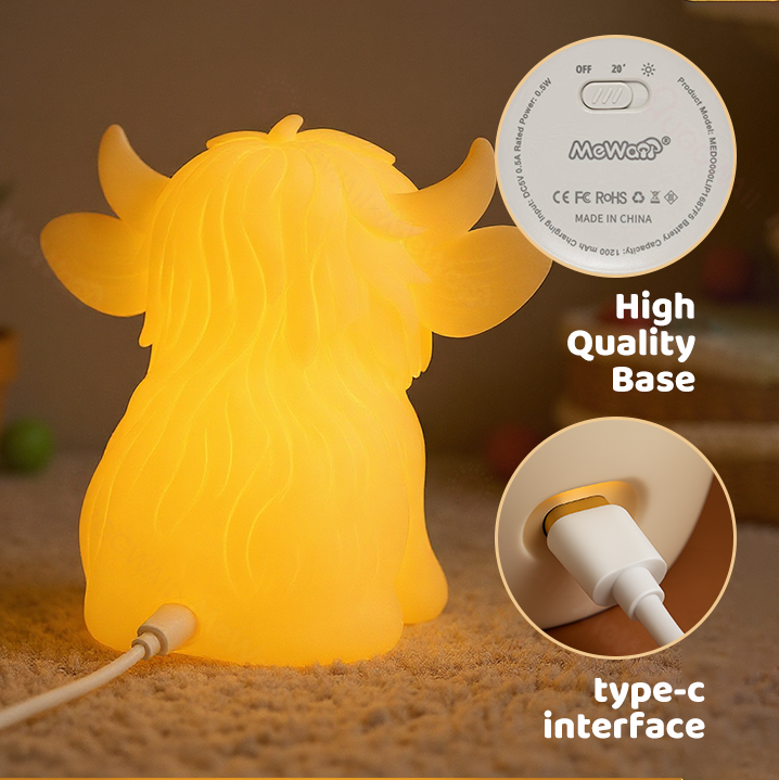 Huggwaii Hoogland Koe Silicone Squishy LED Nachtlamp - Perfect Cadeau voor Kinderen en Meisjes