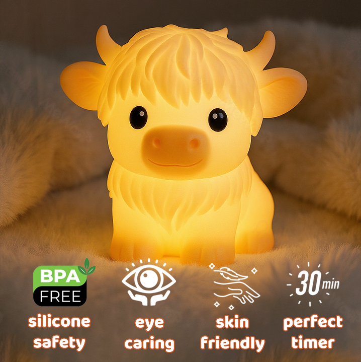 Huggwaii Hoogland Koe Silicone Squishy LED Nachtlamp - Perfect Cadeau voor Kinderen en Meisjes