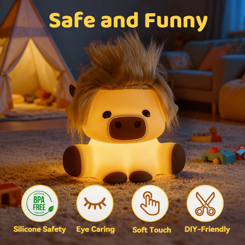 Highland Koe met Haar Silicone Squishy LED Nachtlamp - Perfect Cadeau voor Kinderen en Meisjes