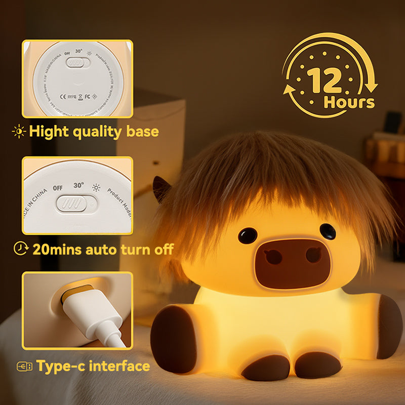 Highland Koe met Haar Silicone Squishy LED Nachtlamp - Perfect Cadeau voor Kinderen en Meisjes