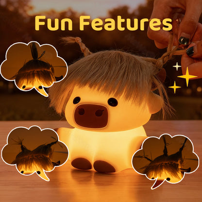 Highland Koe met Haar Silicone Squishy LED Nachtlamp - Perfect Cadeau voor Kinderen en Meisjes