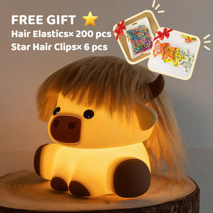 Highland Koe met Haar Silicone Squishy LED Nachtlamp - Perfect Cadeau voor Kinderen en Meisjes