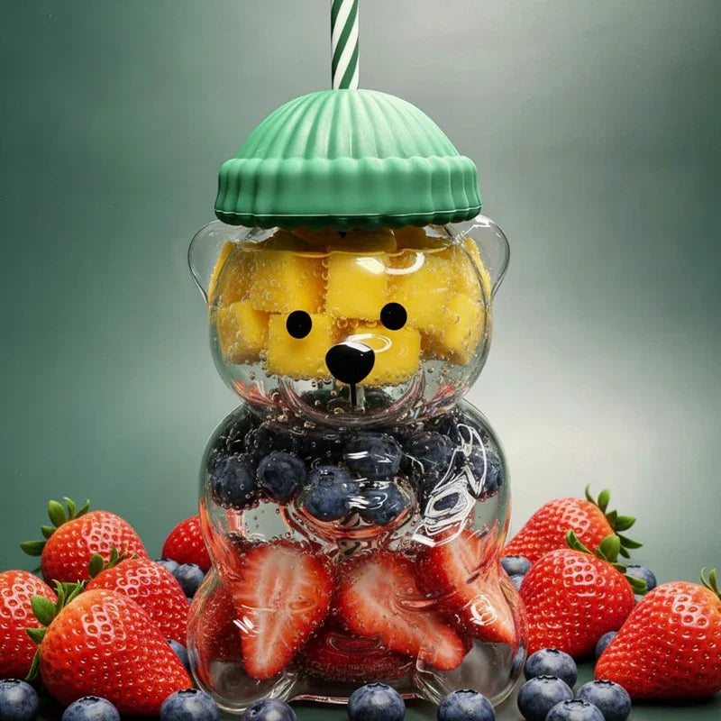 Tasse en plastique ou en verre en forme d'ours avec paille, tasse à café, dessin animé mignon, tasse à jus en verre créative, tasse à thé, verres, décor du nouvel an