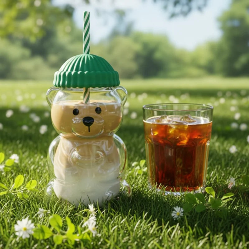 Tasse en plastique ou en verre en forme d'ours avec paille, tasse à café, dessin animé mignon, tasse à jus en verre créative, tasse à thé, verres, décor du nouvel an