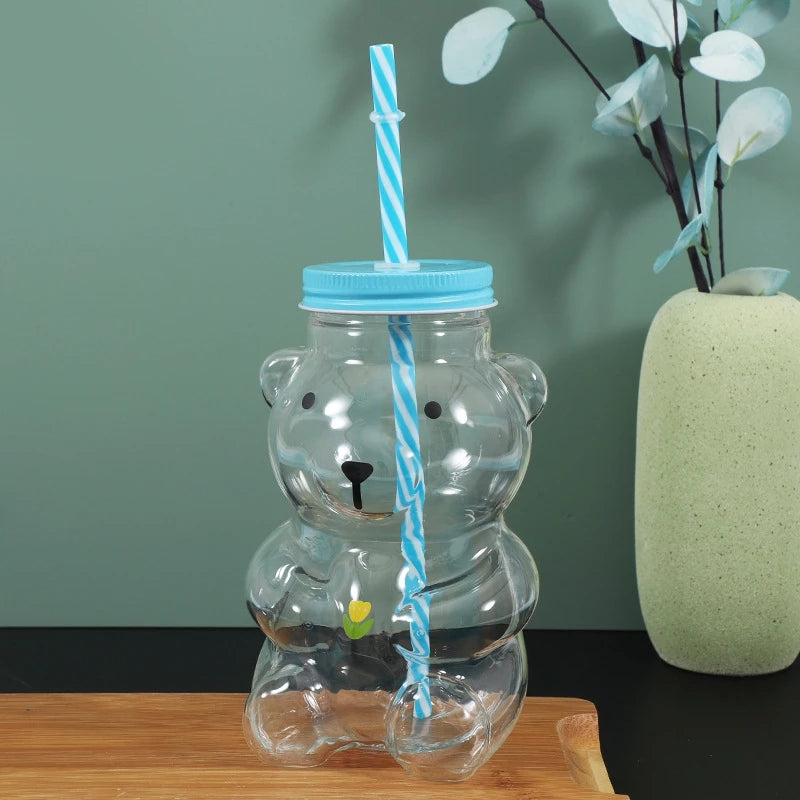 Tasse en plastique ou en verre en forme d'ours avec paille, tasse à café, dessin animé mignon, tasse à jus en verre créative, tasse à thé, verres, décor du nouvel an