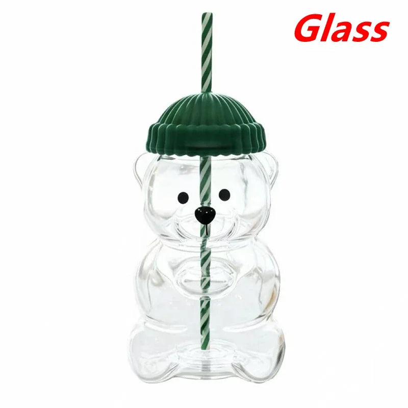 Tasse en plastique ou en verre en forme d'ours avec paille, tasse à café, dessin animé mignon, tasse à jus en verre créative, tasse à thé, verres, décor du nouvel an