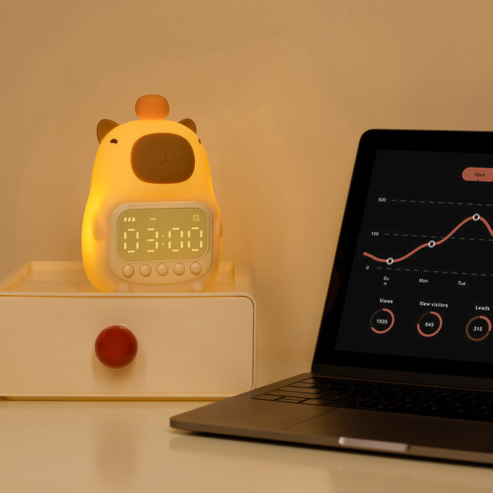 Huggwaii Squishy Silicone Capybara Alarmklok LED Nachtlamp - Perfect Cadeau voor Kinderen en Meisjes